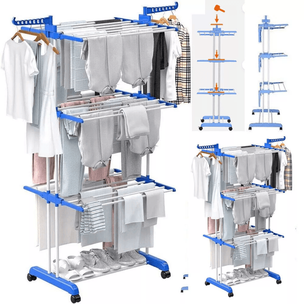 Extra Large 4-Tier Freestanding Metal Clothes Drying Rack, Adjustable Rolling Garment Dryer Stand with Wheels, Foldable Design for Indoor/Outdoor Laundry Room, Drying Racks