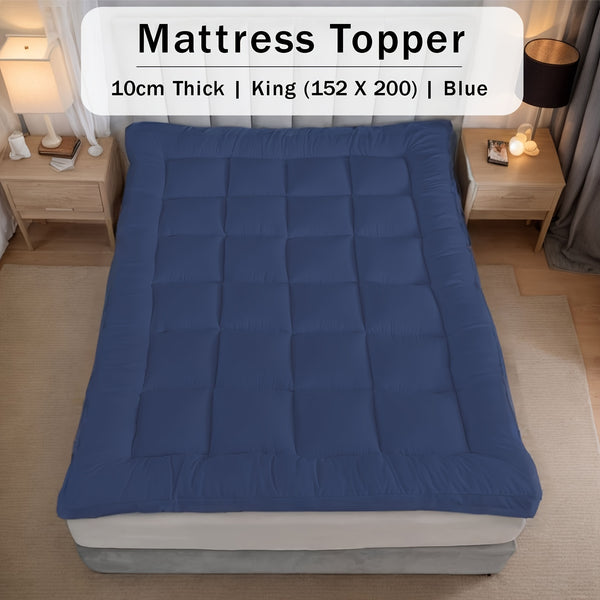 10cm Hotel Quality Mattress Topper | Super Soft with 1000GSM Hollowfiber Filling | Elasticized Corner Straps | White Blue Grey | Single, Small Double (4ft), Double, King, Super King Size