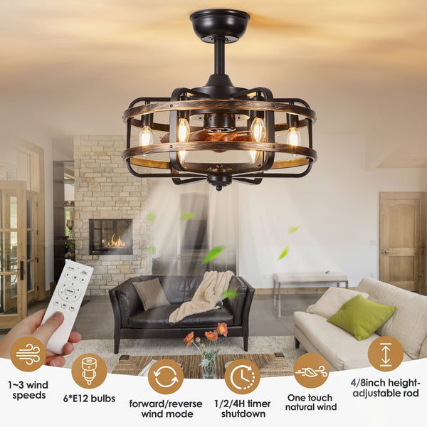 Caged Farmhouse Ceiling Fan with Light, 45.72cm Reversible 3 Wind Speed Industrial Ceiling Fan with 2 Down Rods, 1/2/4 Timing Quiet Flush Mount Rustic Ceiling Fan with Remote Control for Bedroom, Living Room, Dining Room, Kitchen