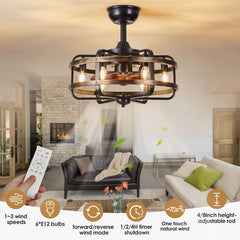 Caged Farmhouse Ceiling Fan with Light, 45.72cm Reversible 3 Wind Speed Industrial Ceiling Fan with 2 Down Rods, 1/2/4 Timing Quiet Flush Mount Rustic Ceiling Fan with Remote Control for Bedroom, Living Room, Dining Room, Kitchen