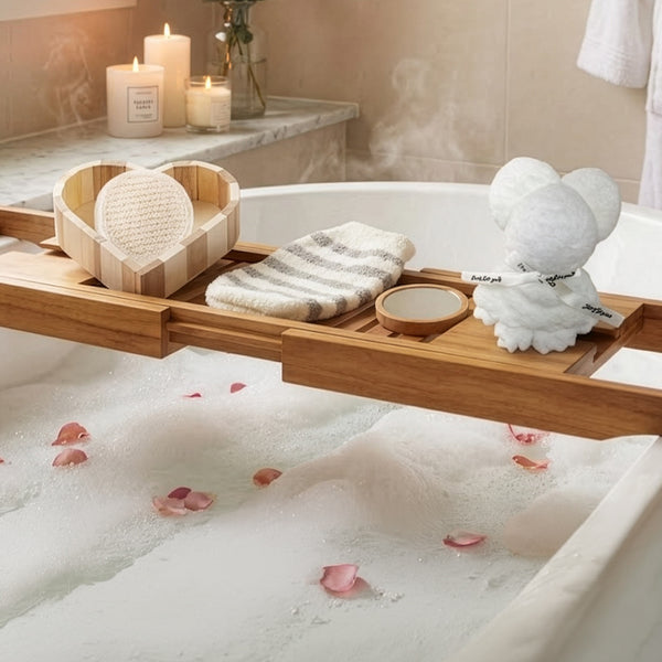 Boxed Heart-Shaped Bath Set - A wooden spa gift kit for bathrooms, featuring a heart-shaped wooden bucket. Includes a loofah, pumice stone, massager, and brush. This natural relaxation and body care kit is ideal for home use and bathroom decoration.
