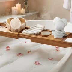 Boxed Heart-Shaped Bath Set - A wooden spa gift kit for bathrooms, featuring a heart-shaped wooden bucket. Includes a loofah, pumice stone, massager, and brush. This natural relaxation and body care kit is ideal for home use and bathroom decoration.