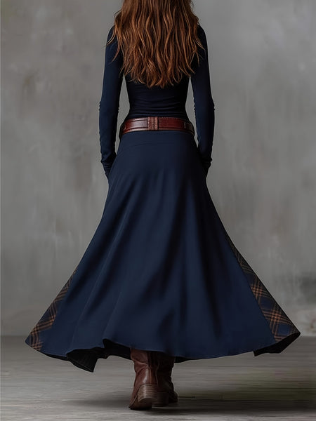 A Retro-Style Maxi Dress Featuring a Stand Collar, Single-Breasted Buttons, And a Waist-Cinched Design with Pockets And a, Adorned with Contrasting Check Patterns, Ideal for Daily Wear And Vintage-Themed Events