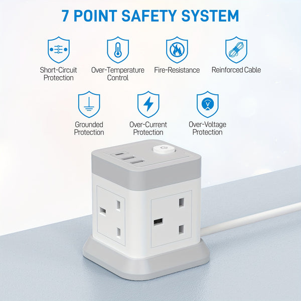 Extension Lead Cube with USB, BEVA 4 Way Power Strip with 3 USB Ports, Desktop Power Extension Socket with 1.5M Extension Cable Cords for Home Dorm Office Travel-WHITE