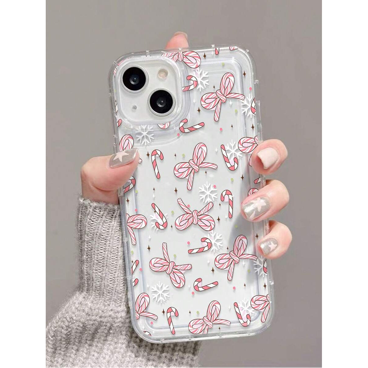 Phone case: 1 Christmas Candy Cane& Bow Transparent Full Coverage Anti-Slip Phone Case Compatible with iPhone 11, 12, XR, 13, 13 Pro, 13 Pro Max, 14, 14 Pro, 14 Pro Max, 15, 15 Pro, 15 Plus, 15 Pro Max, 16, 16 Pro, 16 Plus, 16 Pro Max, 17.
