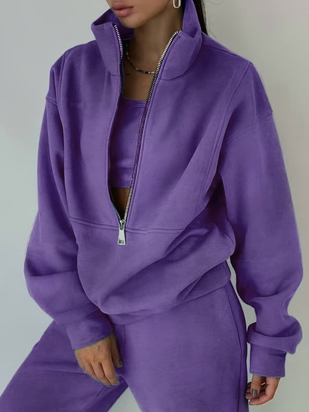 Women's Two-Piece Sweatshirt Set - Cozy Zip-Up Hoodie & Matching Pants, Casual Streetwear Style for Fall/ Winter, Comfortable Clothing | Casual Streetwear | Zippered Hoodie