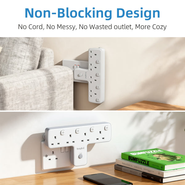 4 IN 1 T-Shape Power Output Expansion Socket, Featuring 4 AC Outlets, a Wall Plug Adapter with Individual LED Light Switches, Capable of 180° Rotation, Supporting a Maximum Power of 3250W, Suitable for UK Plug Electrical Outlets for Home, Office