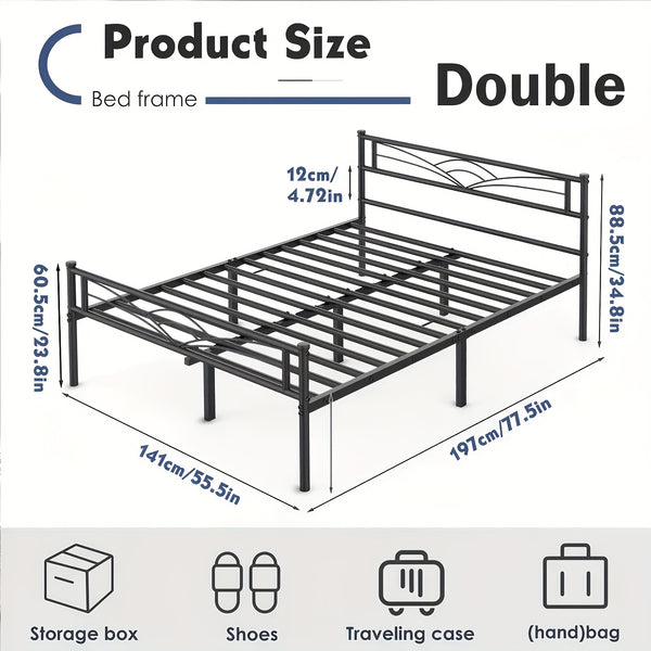 Sleek Black Metal Bed Frame Featuring a Stylish Headboard | Durable Steel Build | Silent Operation | Accommodates Various Mattress Sizes | Perfect for Bedrooms, Dormitories, Or Rental Spaces