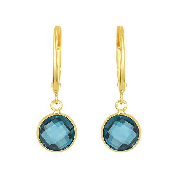 Round Cut London Blue Topaz Earrings, 14Ct Yellow Gold