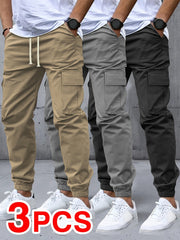 Men's Three-pc Cargo Pants, Solid Color Multi-Pocket Casual Outdoor Sports Trousers, Suitable for Spring, Summer, and Autumn