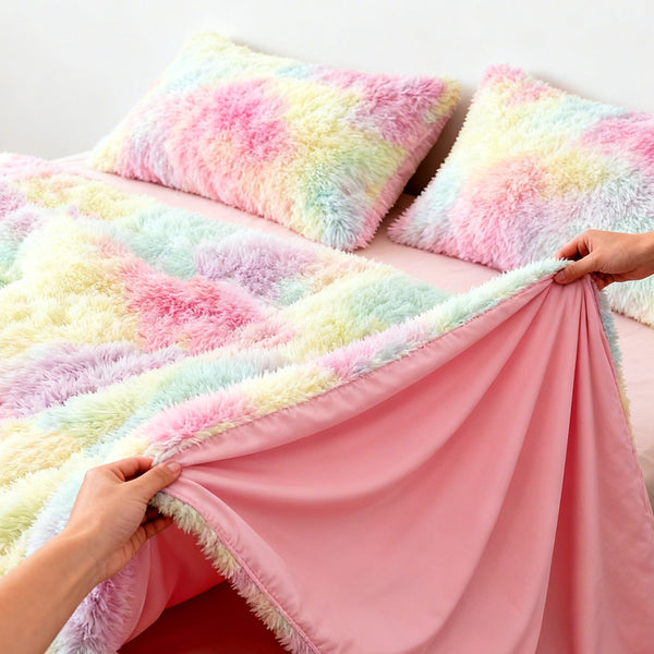 Plush Tie Dye Bedding 3pcs - Faux Fur Tie Dye Duvet Cover, Nordic Colorful Design & Zipper Closure, Plush Warm Bedding Set for Autumn and Winter, Suitable for Bedroom, Valentine's Day Easter Home Gift (Pillowcase Included, Duvet Insert Not Included)