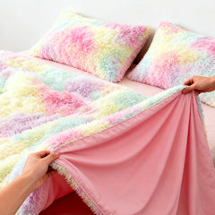 Plush Tie Dye Bedding 3pcs - Faux Fur Tie Dye Duvet Cover, Nordic Colorful Design & Zipper Closure, Plush Warm Bedding Set for Autumn and Winter, Suitable for Bedroom, Valentine's Day Easter Home Gift (Pillowcase Included, Duvet Insert Not Included)