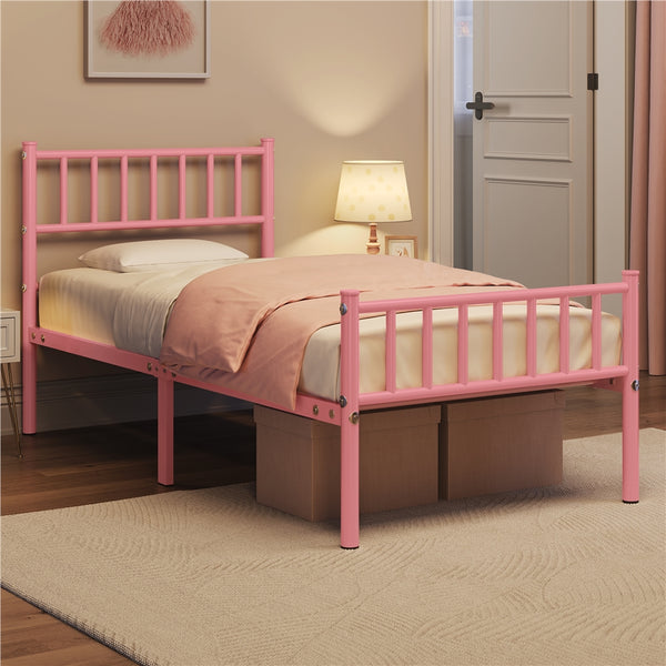 Costoffs Metal Bed Frame, Single/Double Size Bed Platform with Slatted Headboard and Footboard, Solid Slat Support, Large Storage Space, Easy Assembly Bed, Modern Mattress Foundation, Black/White/Pink/Silver