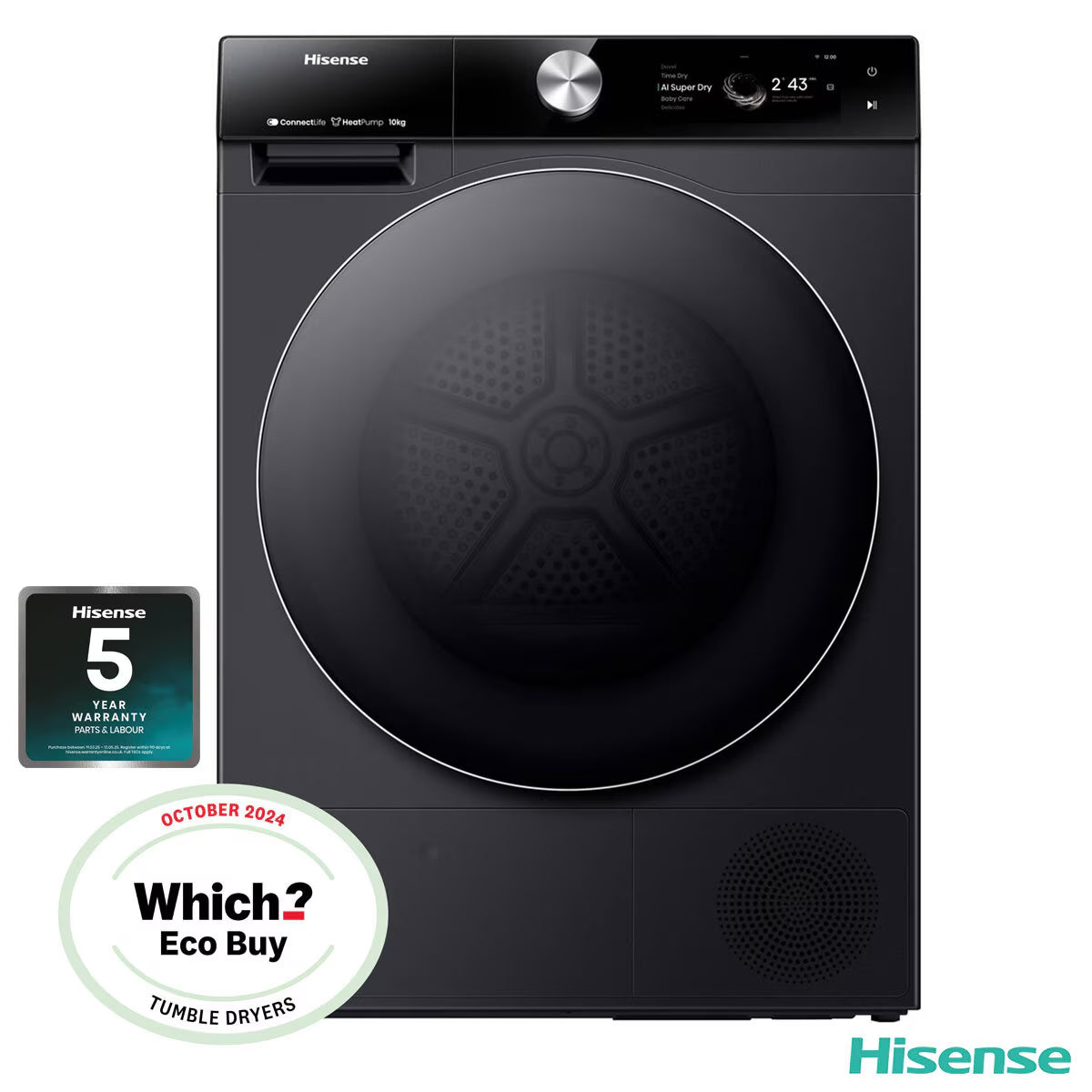 Hisense DH7S107BB, 10Kg Heat Pump Dryer A+++ Rating in Black