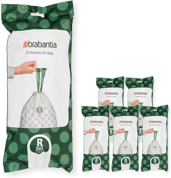 Brabantia Perfectfit Bin Liners (Size G/23-30 Litre) Thick Plastic Trash Bags with Tie Tape Drawstring Handles (40 Bags)