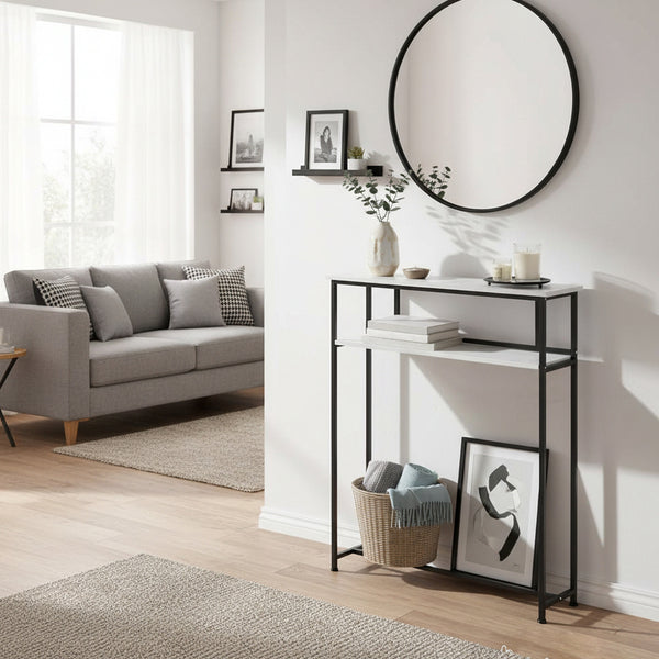 Sofa Side Table for Narrow Spaces, 2-Tier White Marble & Black Steel Shelf, 80cm Slim Console for Behind Couch, Organizer for Remote, Books, Living Room, 80*20*100cm