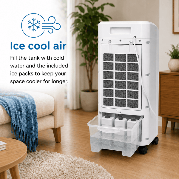 EMtronics 4-in-1 Evaporative Air Cooler, Fan and Humidifier, 3 Speed Settings, 4 Litre Water Tank, Portable 75W with 4 x Ice Packs - White