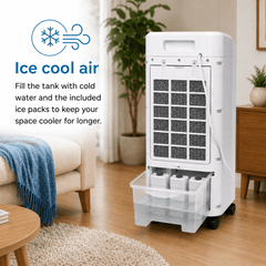 EMtronics 4-in-1 Evaporative Air Cooler, Fan and Humidifier, 3 Speed Settings, 4 Litre Water Tank, Portable 75W with 4 x Ice Packs - White