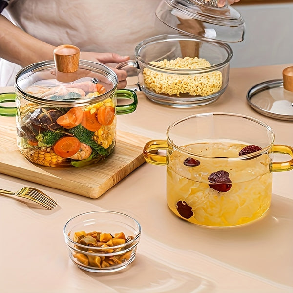 2pcs Glass Casserole Pot Suitable for All Stoves (Gas/Electric/Induction) - Thickened Heat-Resistant Shatterproof Soup Noodle Gravy Pot with Easy-Pour Spout & Even Heating Base, Heavy-Duty Glass Cookware for Home