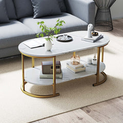 GOFLAME Oval Coffee Table, 2-Tier Wooden Accent Table with Spacious Tabletop & Open Storage Shelf, Modern Farmhouse Center Table Industrial Cocktail Table Home Decoration for Living Room Reception Room