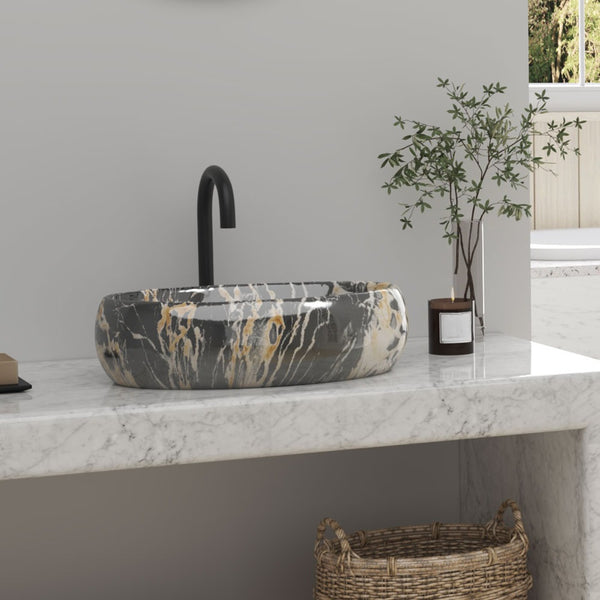 1pc Countertop Bathroom Sink, Black Marble Texture Oval Ceramic Wash Basin, Porcelain Ceramic Vessel Vanity Sink for Vanity Cabinet Cloakroom, Laundry Room, Bathroom, Washroom, 48x34x14cm