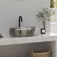 1pc Countertop Bathroom Sink, Black Marble Texture Oval Ceramic Wash Basin, Porcelain Ceramic Vessel Vanity Sink for Vanity Cabinet Cloakroom, Laundry Room, Bathroom, Washroom, 48x34x14cm