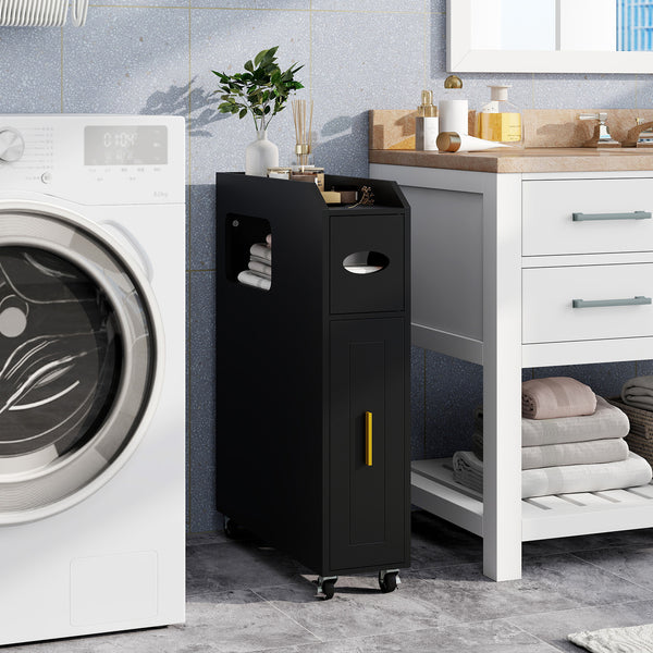 GYMAX 16 CM Slim Bathroom Cabinet, Rolling Beside Toilet Storage Cart with Toilet Paper & Brush Holder, Slide-out Drawer, 2 Lockable Wheels, Space-saving Organizer for Laundry Room, Living Room, Black