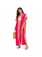 Women Boho Kaftan Dress Long Embroidered Beach Cover Up Lightweight Summer Kaftan Maxi Dress Loose Fit Swimwear Cover Up Holiday Beachwear Gandouri