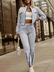 Cross-Border Women'S Two-Piece Set Zipper Long-Sleeved Top Pants Stitching Zipper Design Casual Suit
