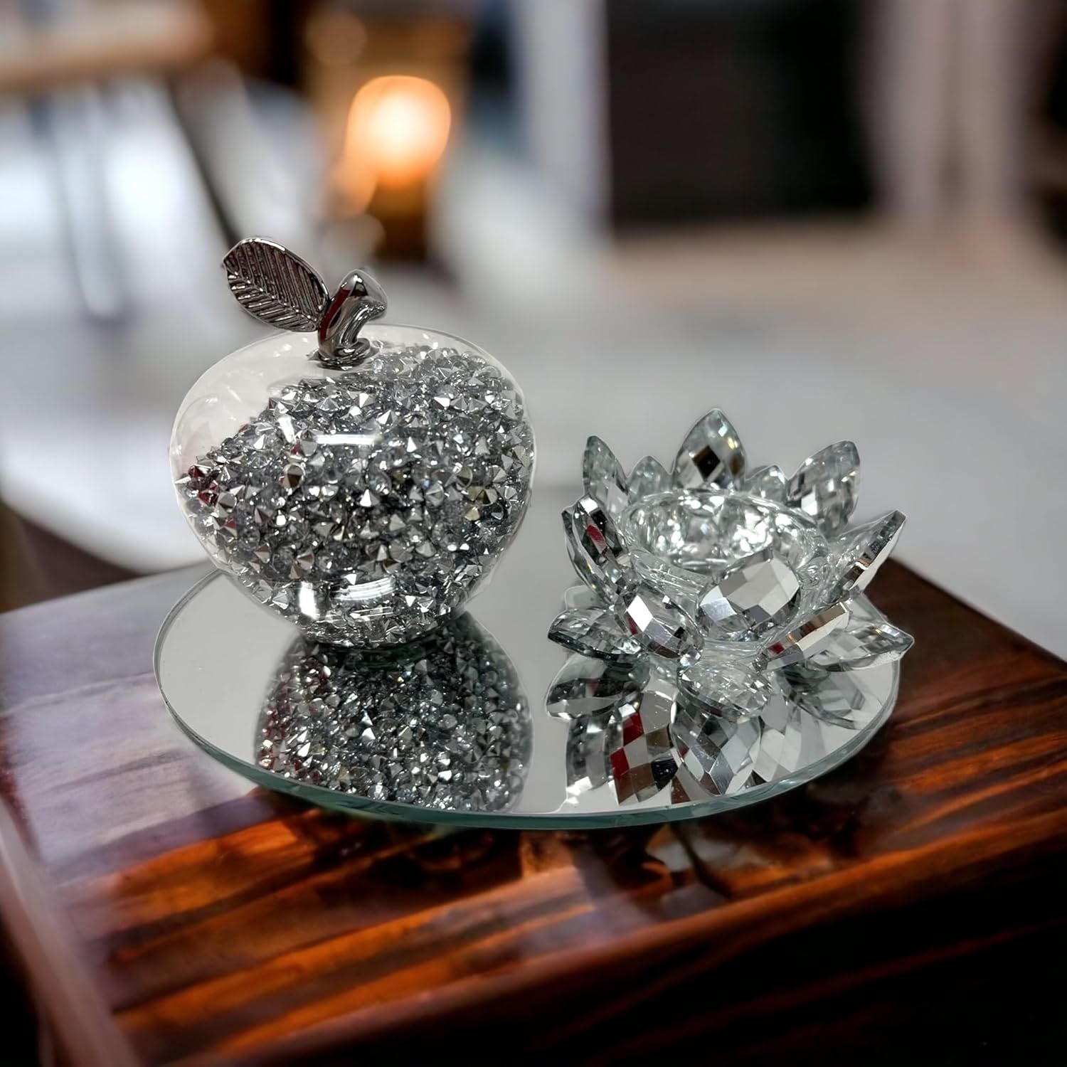 Amazing Gift Silver Sparkle Glass Ornament Bling Crushed Diamond Crystal Filled Apple Shape Tealight Candle Holder