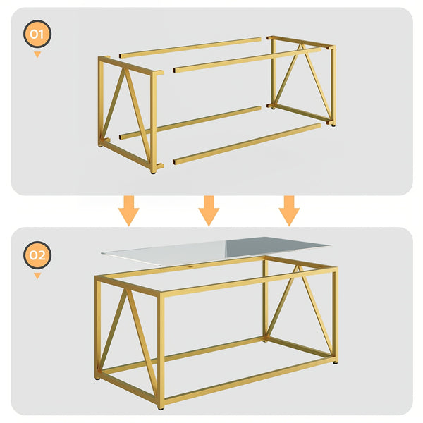Modern Glass Coffee Table with Golden Frame - Minimalist Tempered Glass Top Center Table Suitable for Living Room, Easy Assembly, Sturdy Metal Frame & Glass, Sofa Side Tea Table