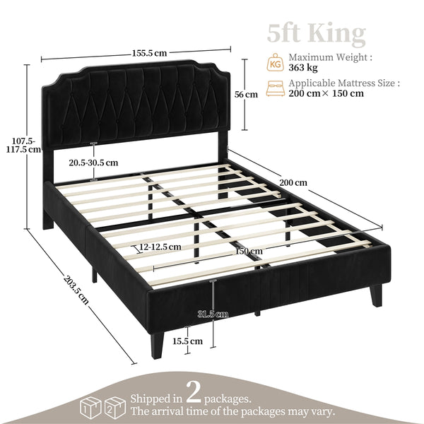 Costoffs Double/King Bed Frame Upholstered Platform Bed with Adjustable Button Tufted Headboard/Velvet Fabric/Mattress Foundation/Sturdy Wooden Slat Support, No Box Spring Needed, Black/Beige/Dark Grey/Light Grey