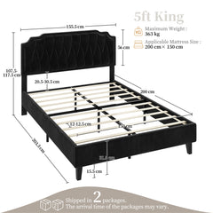Costoffs Double/King Bed Frame Upholstered Platform Bed with Adjustable Button Tufted Headboard/Velvet Fabric/Mattress Foundation/Sturdy Wooden Slat Support, No Box Spring Needed, Black/Beige/Dark Grey/Light Grey