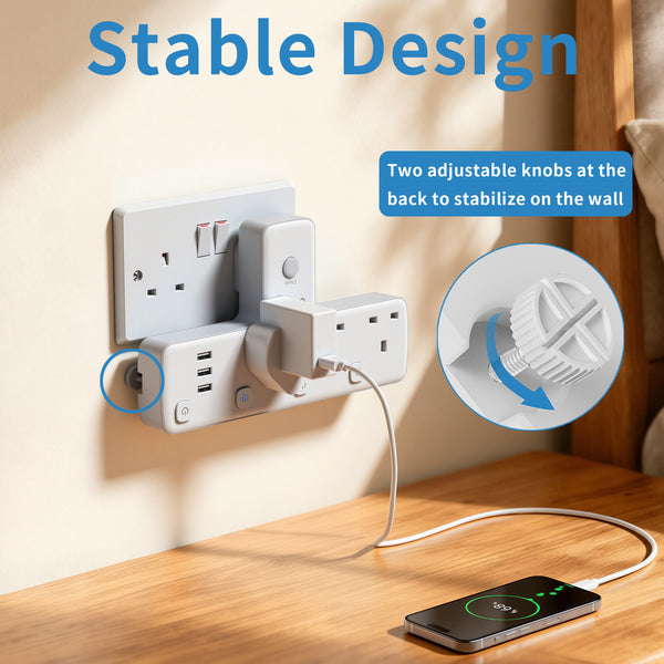 Wall-Mounted UK Plug Adapter with T-Shaped Multifunctional Power Strip, Multiple Power Output Sockets, 3 USB Ports, Independent Switch, and Rotatable Design - Supports Up to 3250 Watts - Ideal for Bedrooms, Kitchens, Living Rooms, Game Rooms, and More