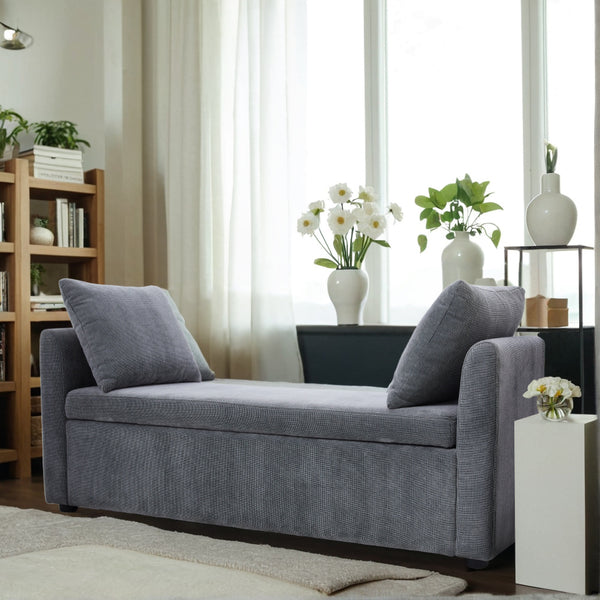1pc Modern Grey Velvet Storage Ottoman Bench - Lift-Top Padded Seat with 2 Decorative Pillows | Multi-Functional Toy Chest & Shoe Organizer for Entryway, Living Room & Bedroom (Space-Saving Design)