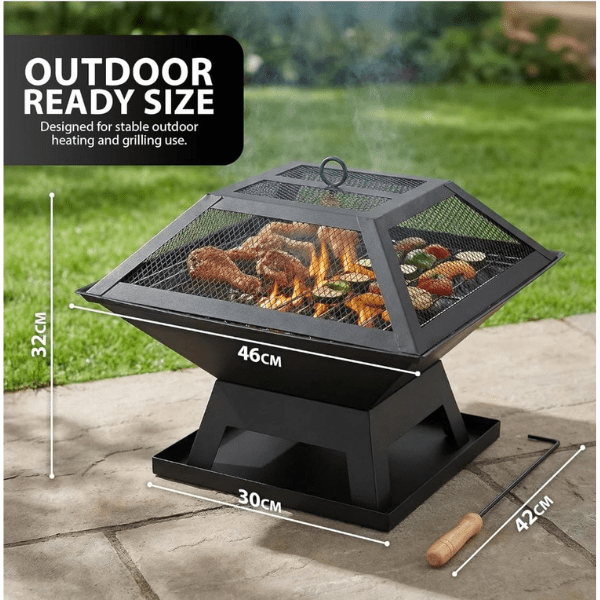 Square Fire Pit with BBQ Grill Heater Outdoor Garden Black Barbeque Metal Brazier Patio Decor Firepit Stove Portable Heat Mesh Cover for Camping or Picnics