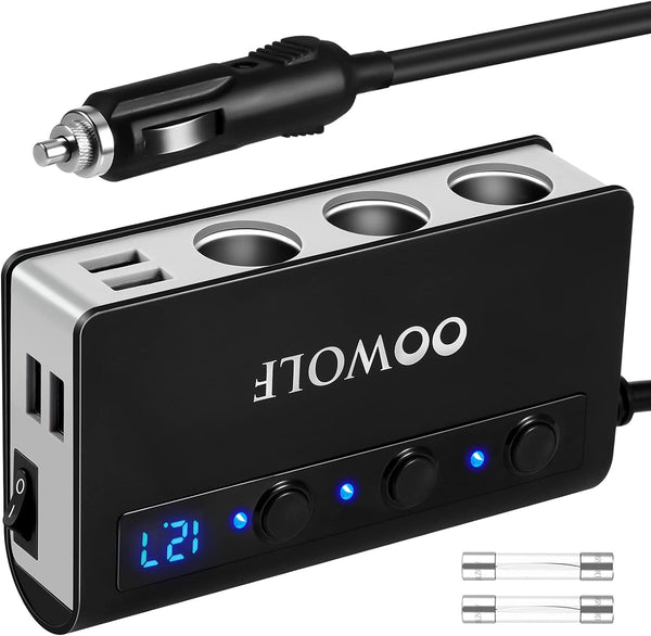 OOWOLF Cigarette Lighter Adapter 140W Cigarette Lighter USB Charger with 12V USB Socket Dual Plug/Port & Extension Lead Fast Charge for All Car Devices
