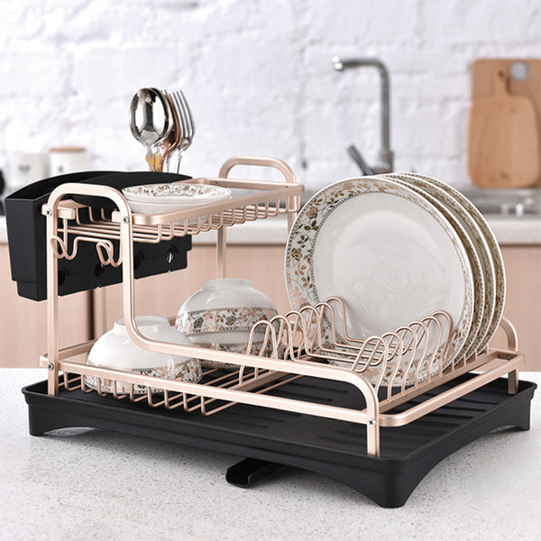 Rose Gold Color, Vertical Bowl And Plate Drain Rack with Rotating Water Outlet Drip Tray, Large Capacity, Aluminum Alloy Bowl And Plate Rack with Cutlery Rack, Kitchen Countertop Storage Rack, Saving Countertop Space