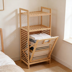 Tilt Out Laundry Hamper, Bamboo Laundry Basket with Foldable Bag and 3 Open Shelves, Freestanding Clothes Storage Organizer for Bedroom, Bathroom, Living Room