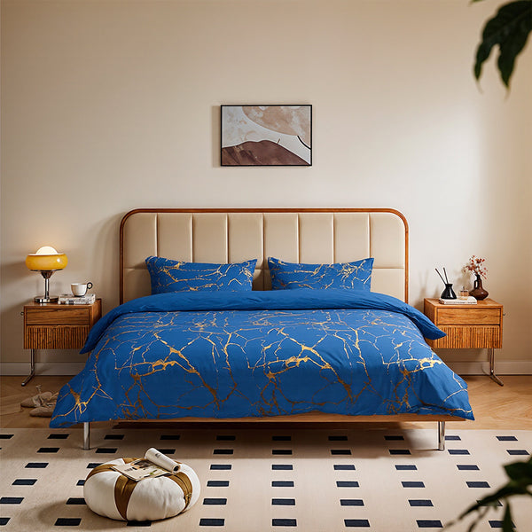 1set Blue Gilded Stone Pattern Printed Shimmering Bedding Set of Three Pieces, Equipped with 2 Pillowcases Suitable for All Seasons and 1 Soft and Comfortable Duvet Cover