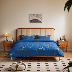 1set Blue Gilded Stone Pattern Printed Shimmering Bedding Set of Three Pieces, Equipped with 2 Pillowcases Suitable for All Seasons and 1 Soft and Comfortable Duvet Cover
