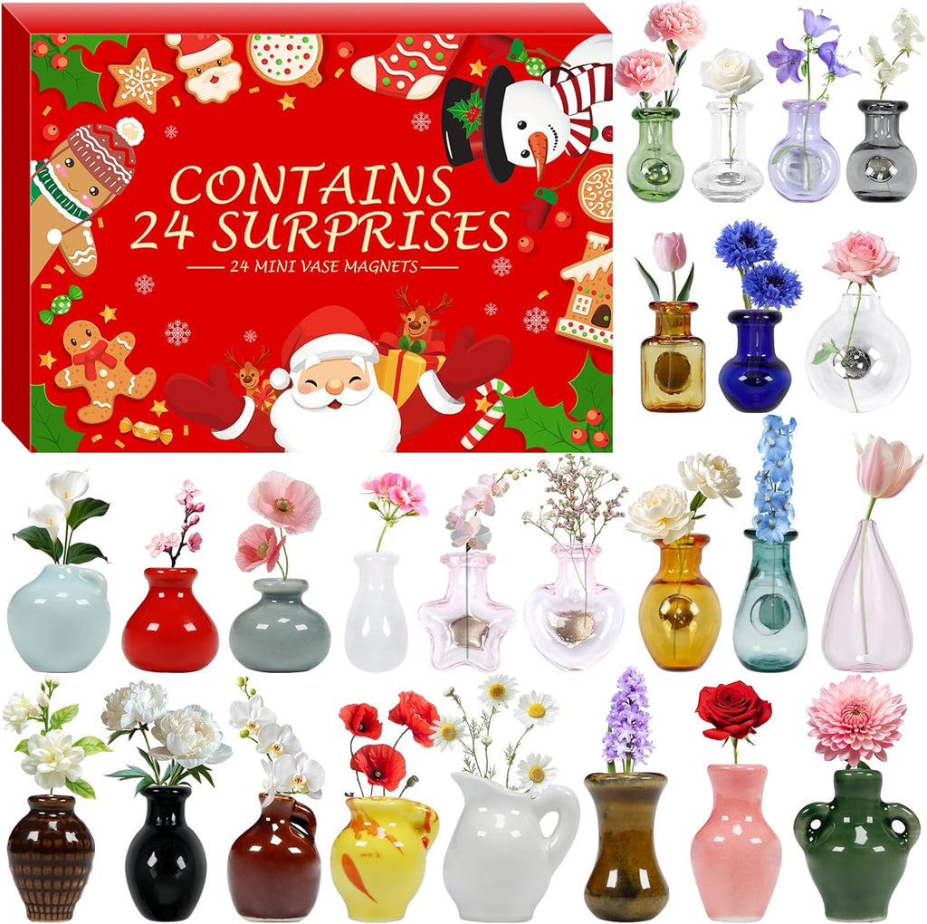 2025 Christmas Advent Calendar Mini Ceramic Vase Fridge Magnets with Plants Christmas Countdown with Mini Fridge Magnets, Fridge Decor for Kitchen Office Daily Surprise Gift
