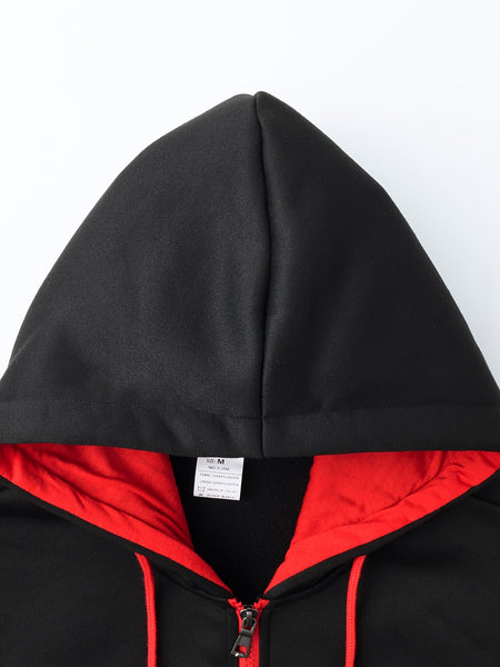 Men'S Bold Print Urban Streetwear Pullover Hoodie & Pants Set - Black & Red with 