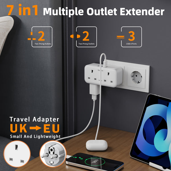 UK to EU Travel Adapter with 3 USB Ports & 2 AC Outlets - 3250W Power Max, 2-Pin Sockets for Germany, France, Spain, Greece, Netherlands, Poland, Portugal - White/Black