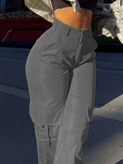 Flap Pocket Solid Color Cargo Pants, Y2K Slant Pocket Button Front Every Day Pants, Women's Clothing
