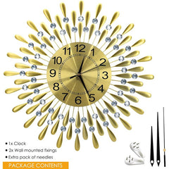 Crystals 60cm Large Metal Wall Clock – Luxury Sunburst Design, Handcrafted Diamante Beaded Clock for Living Room, Modern Decorative Wall Clock for Home & Office (Silver)