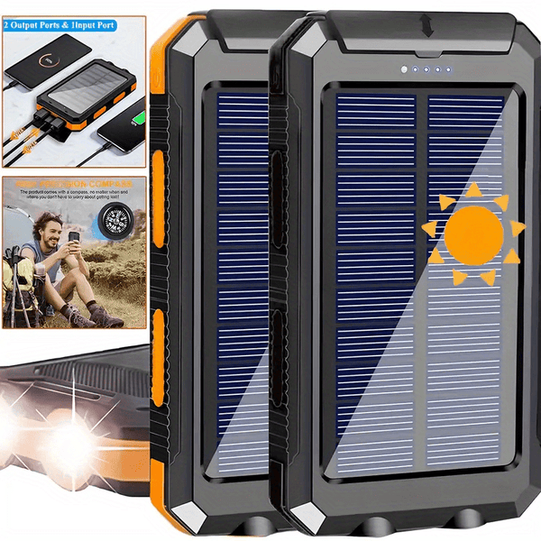 20000mAh Portable Solar Power Bank, Portable Solar Mobile Phone Charger, Camping External Battery Charger for Mobile Phones, 2 USB/ LED Flashlights with Compass for Outdoor Activities