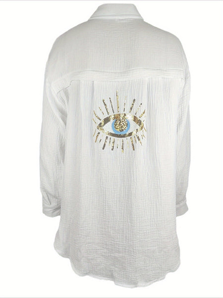 2025 Spring and Summer New Ladies Casual V-neck Pocket Splicing Sequins Loose Long-sleeved Women's Shirt, Lapel Cardigan Design.