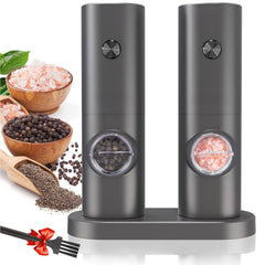 Electric Salt and Pepper Grinder Set, 2pcs with Base and Cleaning Brush, Adjustable Grind Coarseness, LED Lighting, Suitable for Kitchen/BBQ/Restaurant, Kitchen Table Seasoning Tool or Gift, Black