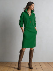 Solid Color Button- Collar Loose-Fit Dress - Straight Tube Mid-Length Dress Suitable for Office, Semi-Formal & Casual Attire - Machine Washable Dress